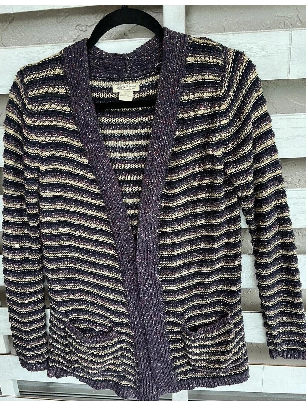 Lucky Brand Striped Pockets Long Cardigan Sweater  Purple Cream Size M.